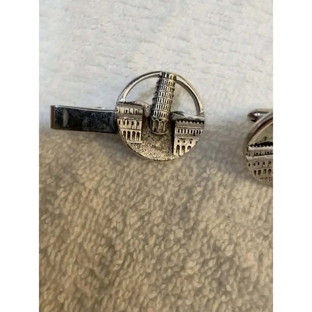 Vintage Swank Leaning Tower of Pisa Cufflinks Tie Clip Set Silver Tone